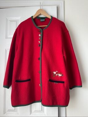 Geiger Red Boiled Wool Jacket Embroidered Geese Austrian Cardigan Coat 42